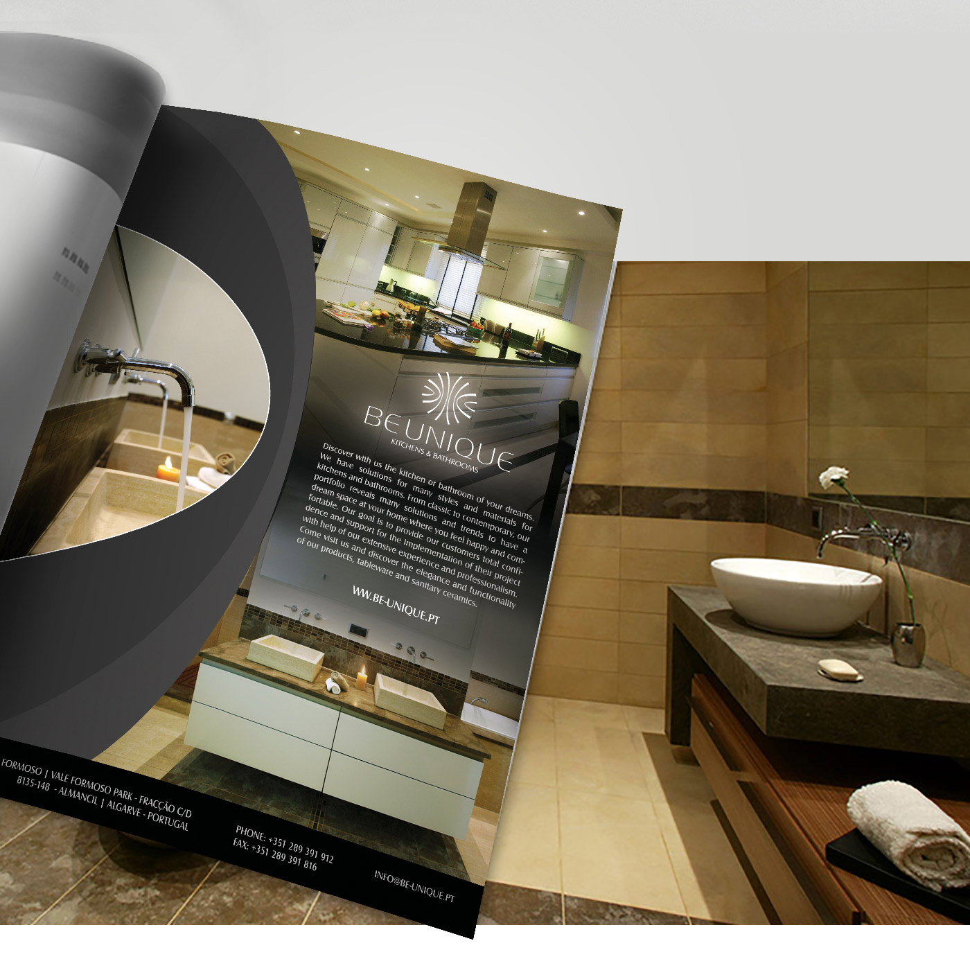 Be Unique brochure design shown within a completed kitchen and bathroom interior