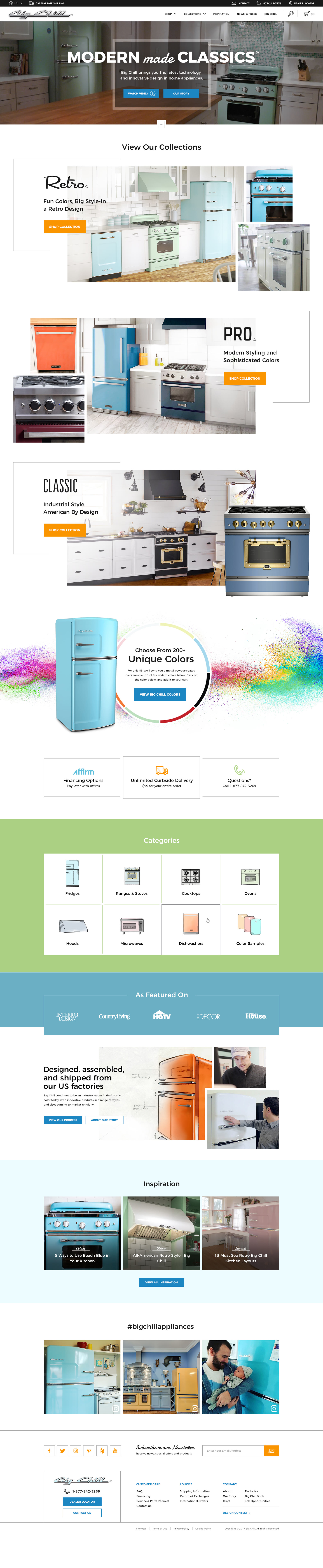 Complete Big Chill ecommerce homepage showing the visual system across products, collections and brand content